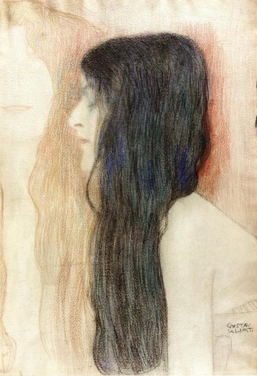 Photo:  Gustav Klimt, Girl with Long Hair, with a sketch for ‘Nude Veritas’ 1898